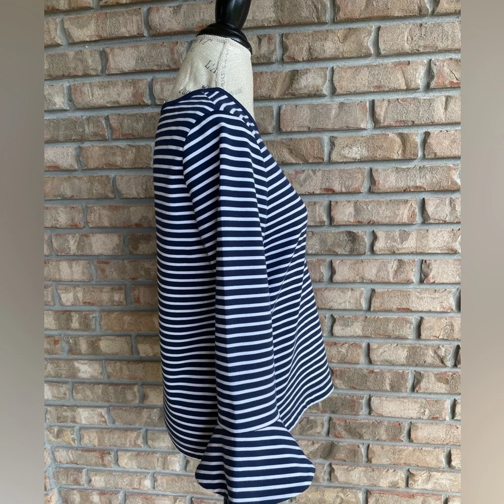 Draper James Sadler Navy and White Striped Long Sleeve Top with Bell Sleeves.